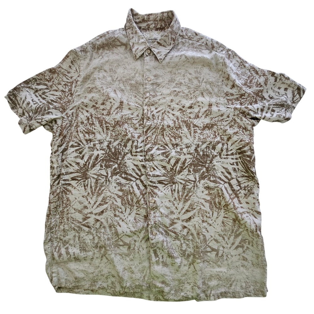 Tasso Elba Island Mens XXL Silk Linen Tropical Leaf Print Short Sleeve Shirt Tan